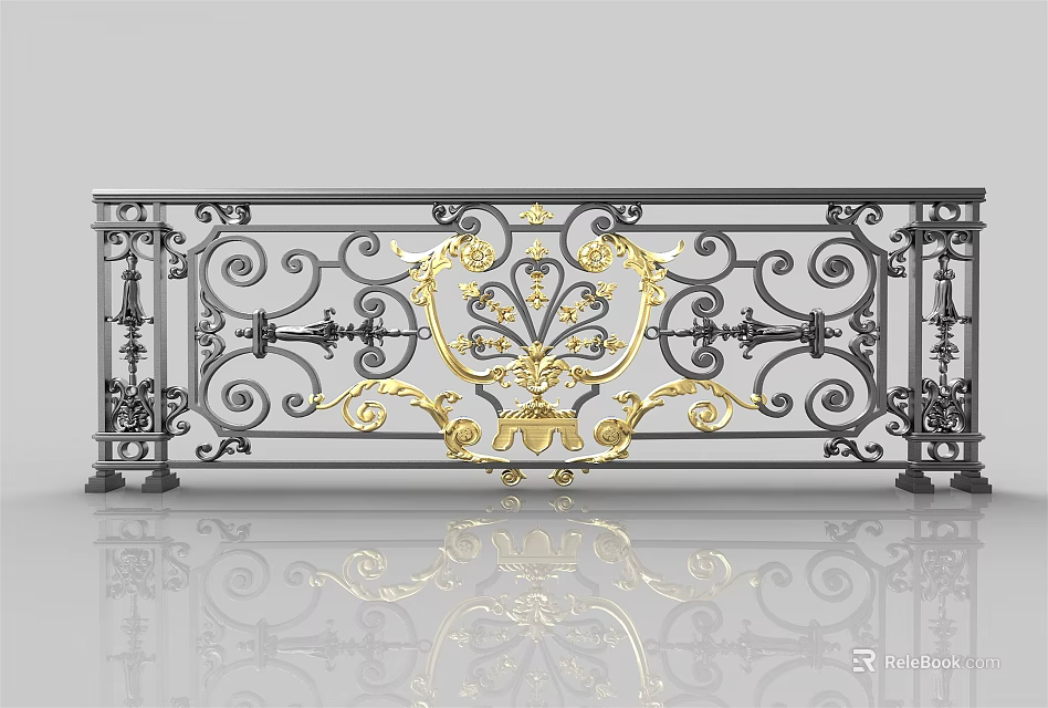 Wrought Iron Railing With Intricate Scroll Patterns And Golden Decorative Center 3d model 