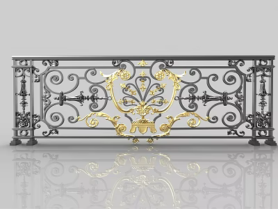 Wrought Iron Railing With Intricate Scroll Patterns And Golden Decorative Center 3d model