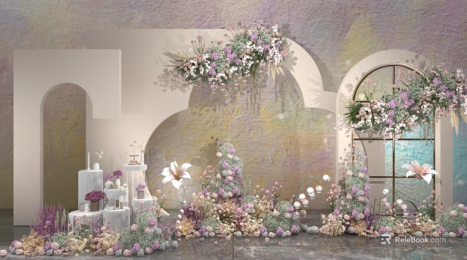 Soft Toned Wedding Setup Featuring Light Purple Pink Floral Arch And White Cake Arrangement 3d model 