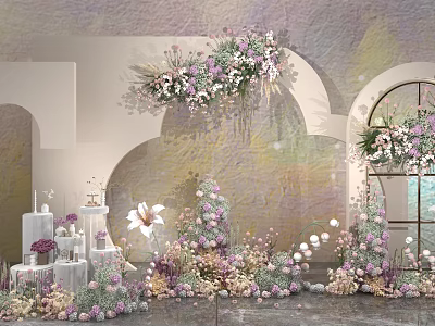 Soft Toned Wedding Setup Featuring Light Purple Pink Floral Arch And White Cake Arrangement 3d model