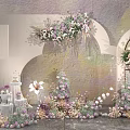 Soft Toned Wedding Setup Featuring Light Purple Pink Floral Arch And White Cake Arrangement