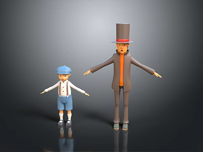 Tall Character With Top Hat And Small Child Standing With Arms Outstretched On Black Surface 3d model
