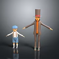 Tall Character With Top Hat And Small Child Standing With Arms Outstretched On Black Surface