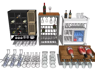 Modern Wine Cabinet with Glass Doors Open Shelves Wine Bottles and Glasses Storage 3d model