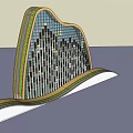 Modern Curved Office Building With Glass Curtain Wall And Yellow Brown Windows