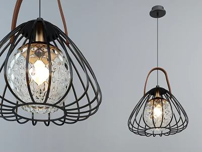 Modern Industrial Chandeliers With Black Metal Frames Wooden Handles And Transparent Patterned Glass Shades 3d model