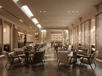 Elegant Warm Café Interior Design With Comfortable Seats Round Tables And Soft Lighting 3d model