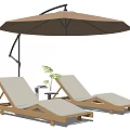Outdoor Wooden Frame Lounge Chairs With White Cushions And Beige Umbrella