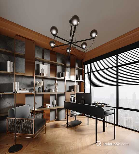 Modern Study Room Interior Design With Wooden Bookshelves Black Desk And City View Window 3d model 
