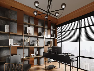 Modern Study Room Interior Design With Wooden Bookshelves Black Desk And City View Window 3d model