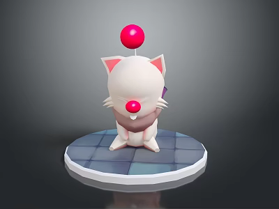 Cute Cartoon Cat Character 3D Model With Red Ball Pink Ears And Blue Checkered Base 3d model