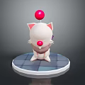 Cute Cartoon Cat Character 3D Model With Red Ball Pink Ears And Blue Checkered Base