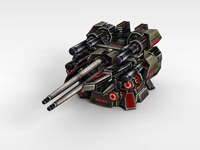 Futuristic Sci Fi Mechanical Tower Featuring Multiple Cannons And Red Accents 3d model