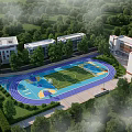 Modern School Building With Classroom Blocks Running Track Green Lawn And Trees