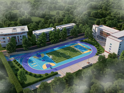 Modern School Building With Classroom Blocks Running Track Green Lawn And Trees 3d model