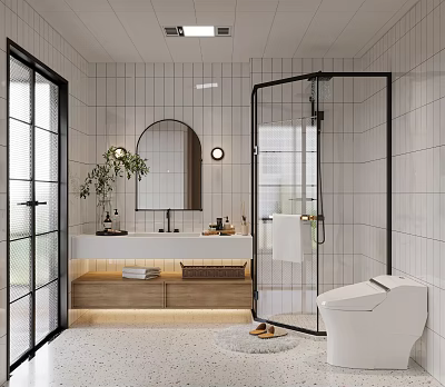Modern Bathroom With White Tile Walls Round Mirror Wooden Countertop And Glass Shower Door 3d model