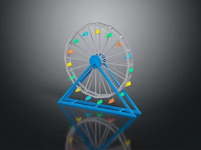 Colorful Ferris Wheel Model With Blue Triangular Base And Reflective Surface 3d model