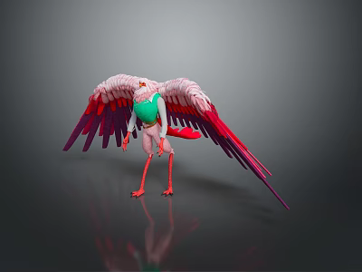 Vibrant Flying Animal With Spread Pink Red Wings Green Body And Long Legs 3d model