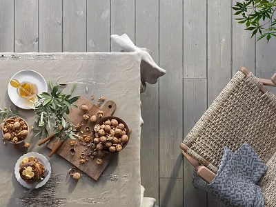 Homemade Bread With Hazelnuts Walnuts And Olives On Wooden Dining Table 3d model Homemade Bread With Hazelnuts Walnuts And Olives On Wooden Dining Table 3d model