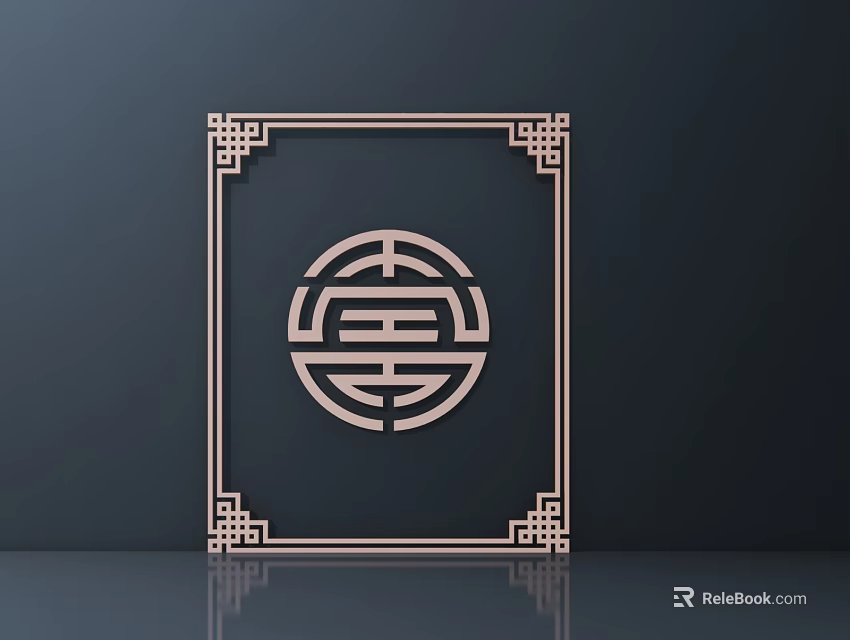 Intricate Carved Design Square Frame Corner Patterns and Circular Double Happiness on Black Background 3d model 