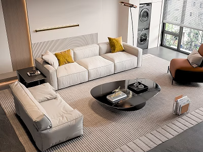 Modern White Sofa Coffee Table Set With Yellow Pillows And Neutral Area Rug 3d model
