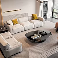 Modern White Sofa Coffee Table Set With Yellow Pillows And Neutral Area Rug