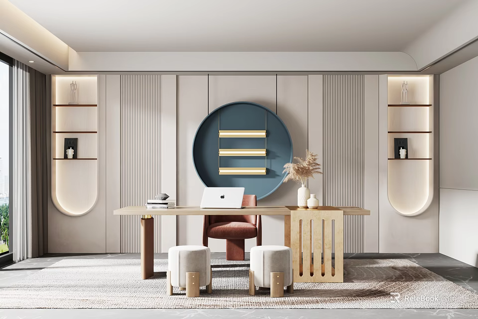 Modern Study Room Interior With Desk Laptop Chair Stools And Decor 3d model