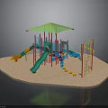Colorful Playground Structure With Green Canopy Slides Climbing Frames And Sand Area