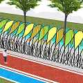 Colorful Wave Shaped Pergola With Seating Bench Bicycle Parking And Green Grass