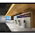 Modern Break Room With White Curved Counter Display Shelves TV Screens And Bar Stools