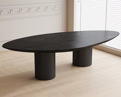 Black Oval Dining Table With Two Cylindrical Legs On Light Wood Floor And White Wall 3d model