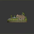 Cartoon Scene with Cute Cottages Green Trees Blue Car Garden Pond and Watermill