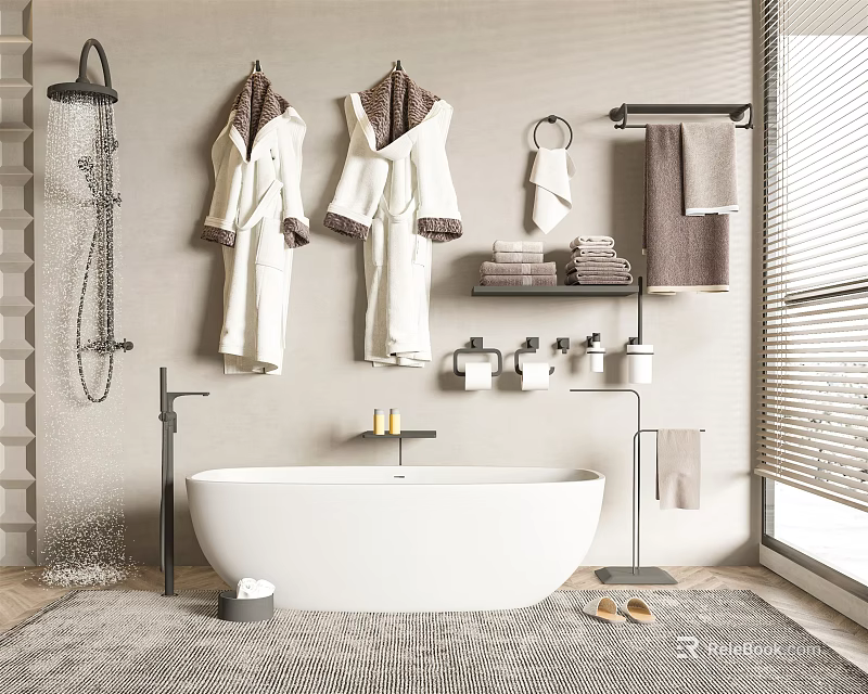 Modern Freestanding Bathtub in Cozy Bathroom with Fluffy Bathrobes Towels and Shower Fixture 3d model 