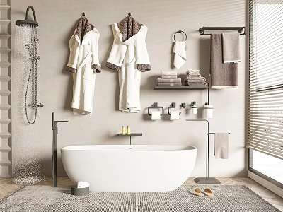 Modern Freestanding Bathtub in Cozy Bathroom with Fluffy Bathrobes Towels and Shower Fixture 3d model