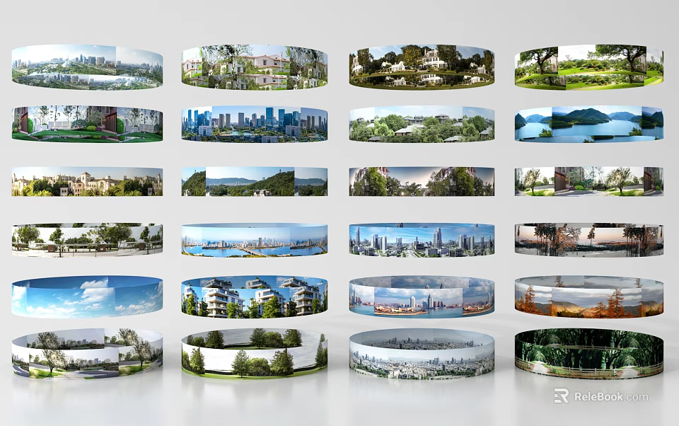 Circular Components Display Various Landscape Images Including City Nature Architecture Views 3d model 