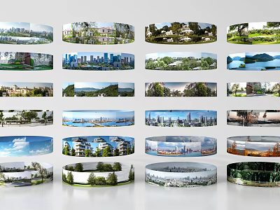 Circular Components Display Various Landscape Images Including City Nature Architecture Views 3d model