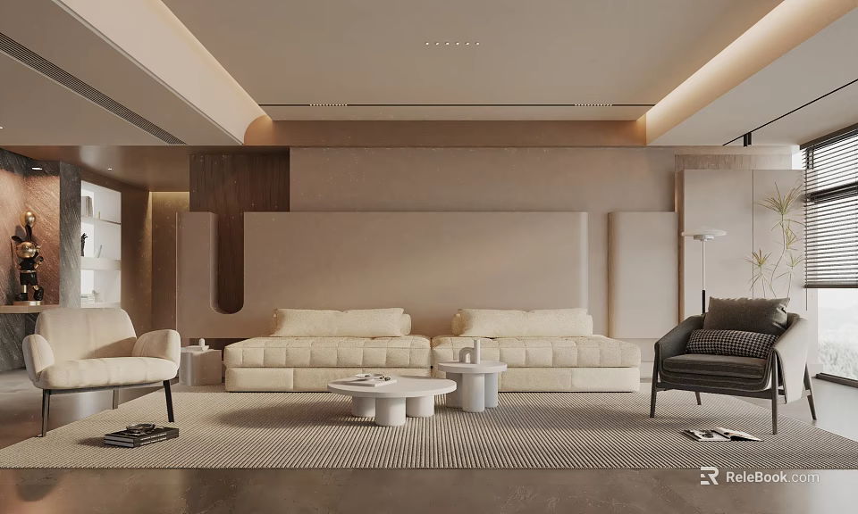 Modern Living Room Interior With Neutral Tone Sofa Round Coffee Tables And Textured Rug 3d model 