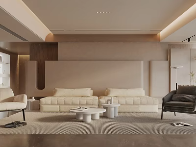 Modern Living Room Interior With Neutral Tone Sofa Round Coffee Tables And Textured Rug 3d model