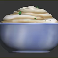 Creamy Sauce With Swirled Pattern And Green Herbs In Light Blue Bowl On Dark Background