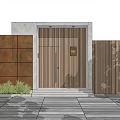 Modern Building Exterior Wall With Wooden Slatted Door Copper Panels And Leaf Shadows