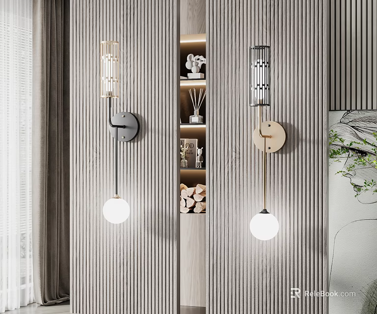 Modern Wall Lamps On Striped Wooden Wall With Decorative Shelf And Green Plant 3d model 