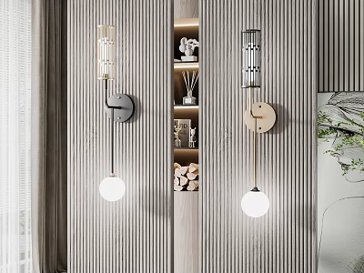 Modern Wall Lamps On Striped Wooden Wall With Decorative Shelf And Green Plant 3d model