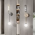 Modern Wall Lamps On Striped Wooden Wall With Decorative Shelf And Green Plant