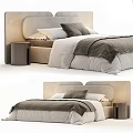 Modern Minimalist Double Bed With Upholstered Headboard Soft Pillows Cozy Bedspread And Nightstands