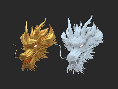 3D Rendered Golden White Dragon Heads With Fiery Eyes On Black Background 3d model