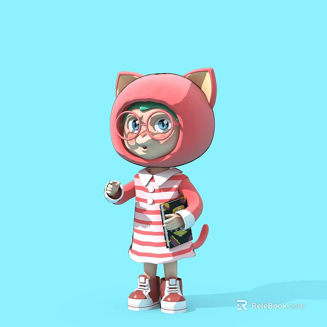 Cartoon Cat Sculpture With Pink Ear Hat Glasses Red White Striped Dress Holding Book 3d model 