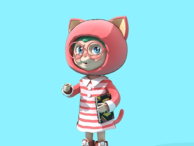 Cartoon Cat Sculpture With Pink Ear Hat Glasses Red White Striped Dress Holding Book 3d model