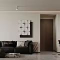 Contemporary Living Dining Area Interior With Black Leather Sofa White Walls And Geometric Wall Art