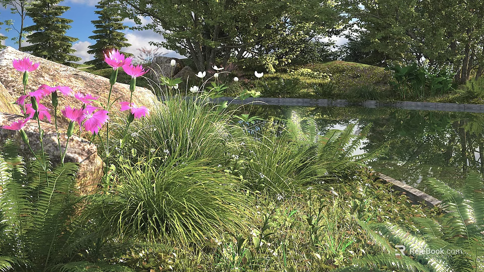 Lush Garden Shrubs With Pink Flowers Green Grass And Serene Pond Surroundings 3d model 