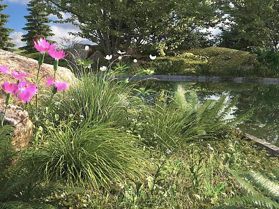 Lush Garden Shrubs With Pink Flowers Green Grass And Serene Pond Surroundings 3d model